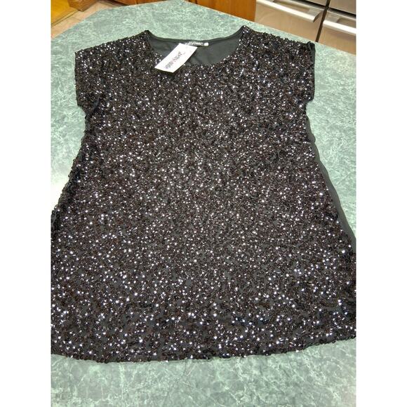 Pretty Guide Womens Size Small Black Sequin Short Sleeve Blouse Top Lined NWT - Picture 1 of 10